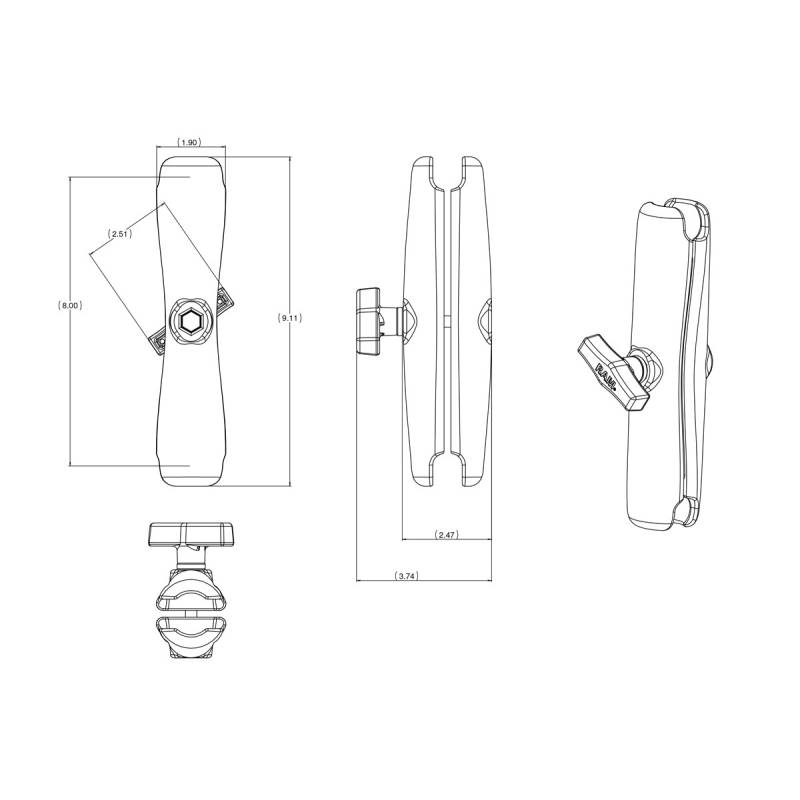 Bras de fixation long Ram - 23 cm - Boule C